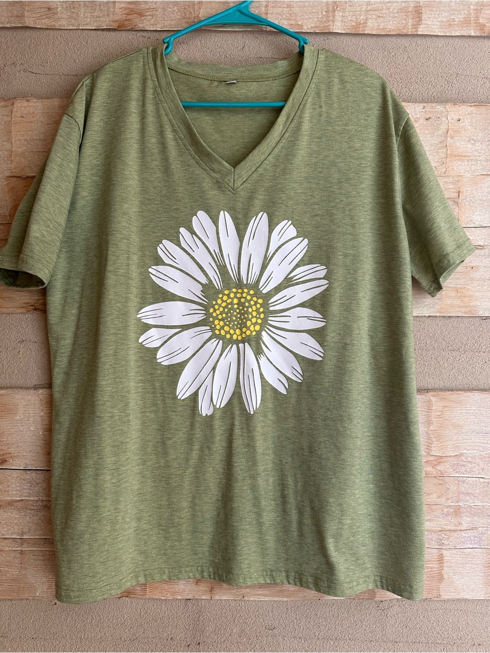 Amazon Olive Green V-Neck Tee with White Daisy and Yellow Center